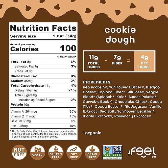 Feel Bar Minis – Kids Protein Bars | Cookie Dough – 12 Pack | 10g Plant Protein | 100 Calories | No Added Sugar | + Daily Veggies | Gluten Free No Nuts No Soy No Dairy No Grains
