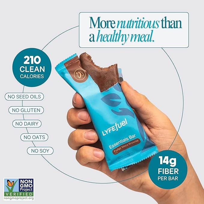 Meal Replacement Bar by LyfeFuel - Vegan Protein Bar Packed with Organic Superfoods Fiber &amp 21 Essential Nutrients from 100% Plant Based Whole Foods (Fudgy Brownie - Box of 10) Gluten Free Paleo