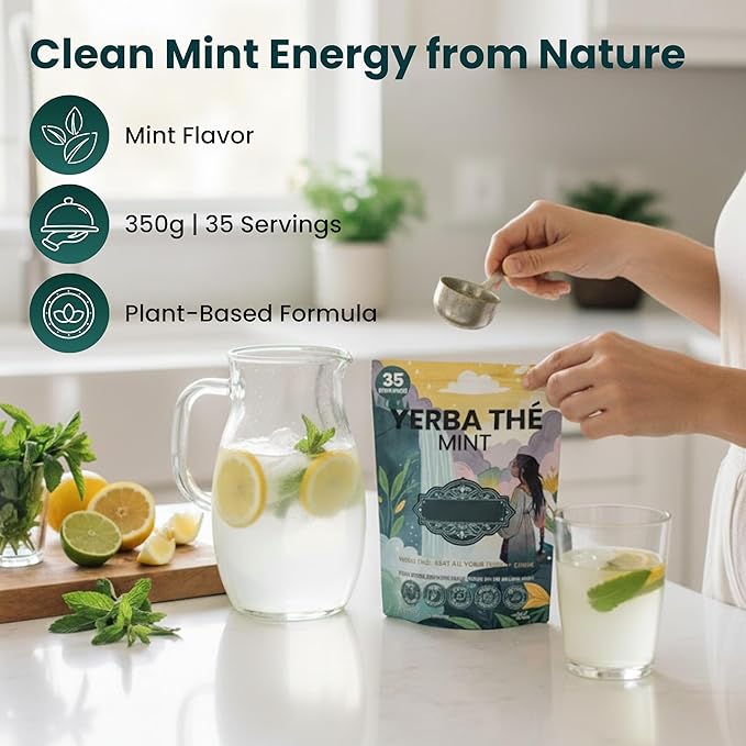 Yerba Mate Powder - Clean Energy &amp Focus - Organic Yerba Mate Tea 350g - Supports Gut Health with Probiotics &amp Prebiotics Brain Fog Relief Focus &amp Relaxation - Mint Flavor 35 Servings