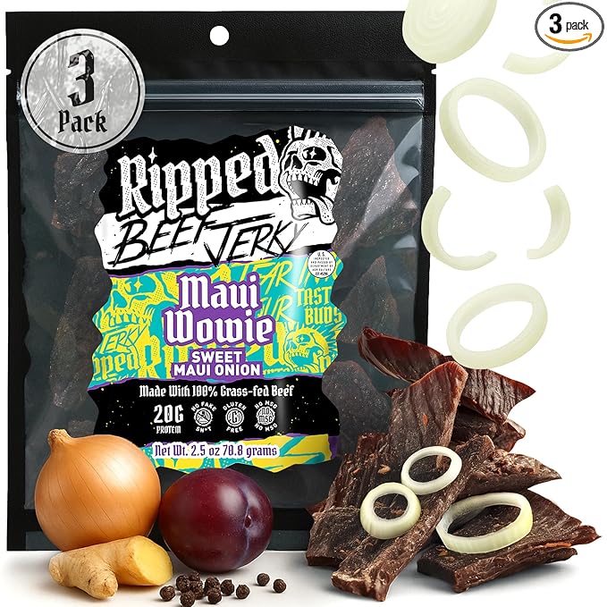 Ripped Beef Jerky - 100% Grass Fed Beef 20g Protein Real Ingredients Gluten Free No MSG Made in USA (2.5 Ounce (Pack of 3) Maui Wowie)