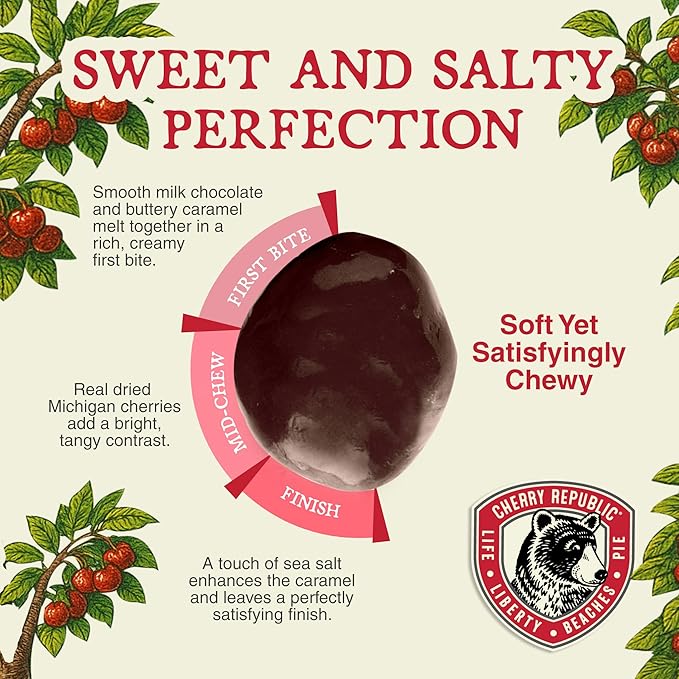 Cherry Republic Caramel Milk Chocolate Cherries 12 oz - Sweetly Salted Caramel Candy Made with Real Michigan Dried Cherries Handcrafted Sweet &amp Tart Milk Chocolate Candy for Gifting or Snacking