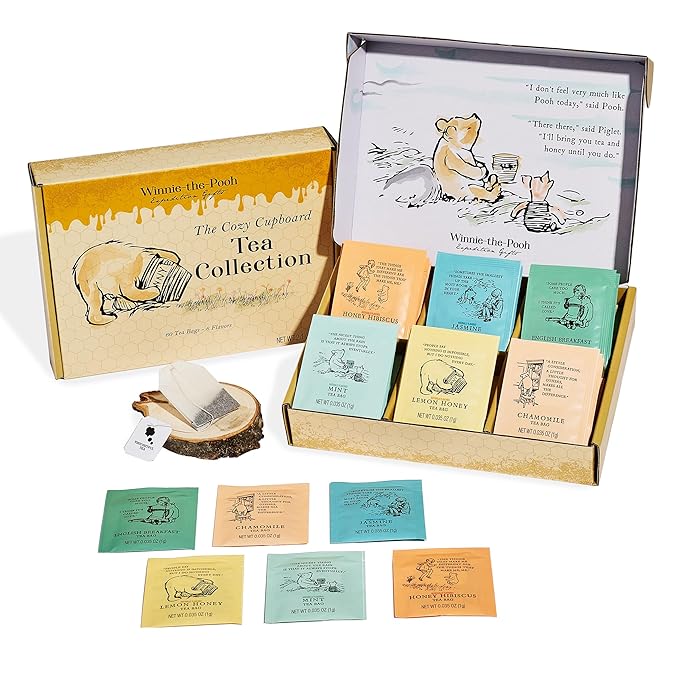 Thoughtfully Classic Winnie-the Pooh Tea Collection Gift Set Includes 60 Premium Tea Bags with Nostalgic Quotes from A.A. Milne 6 Flavors Cozy Literary Tea Gift