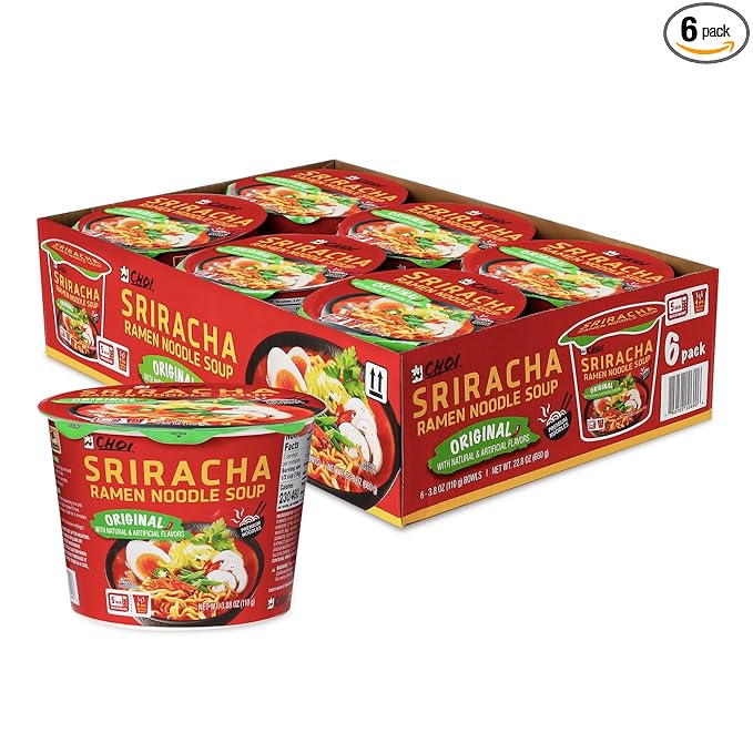 CHOI Sriracha Ramen Noodle Soup Original - Microwavable Bowl 3.8 oz. (110g) 6-Pack