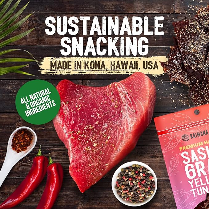 Kaimana Ahi Tuna Jerky Hawaiian Chili Pepper - Soft and Tasty - Premium Fish Jerky Made in the USA. High in Omega 3's All Natural and Wild Caught - 2 Ounce (Pack of 3)