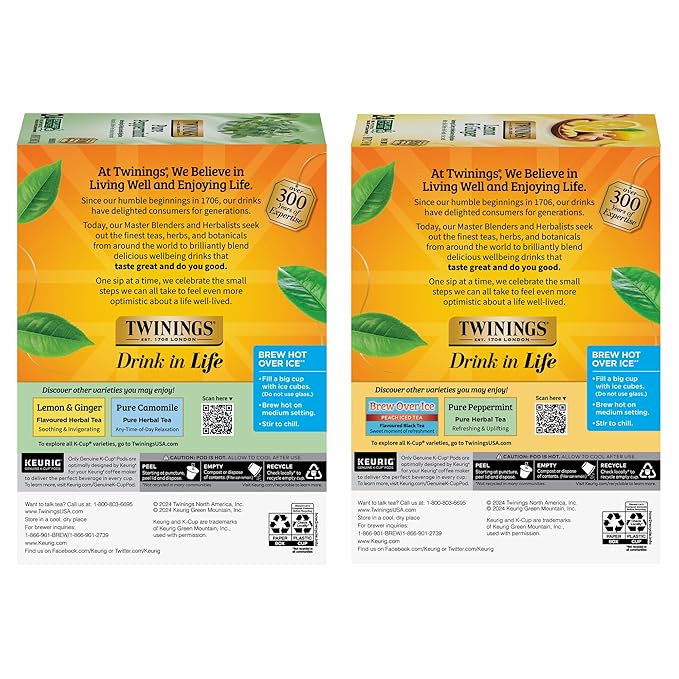 Twinings Pure Peppermint Herbal Tea K-Cups for Keurig 24 Count (Pack of 1) + Lemon &amp Ginger Herbal Tea K-Cups for Keurig 24 Count (Pack of 1)