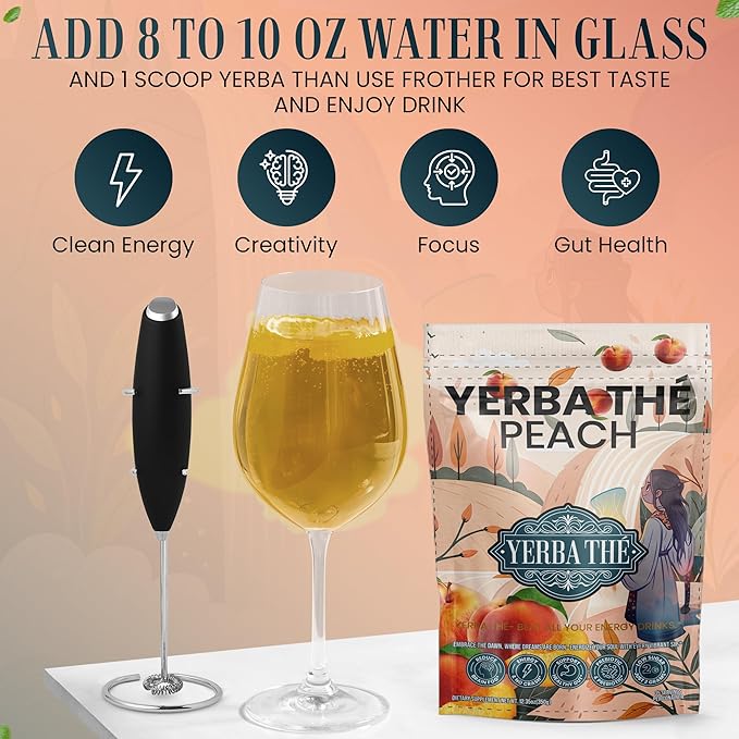 Yerba Mate Powder - Clean Energy &amp Focus - Organic Yerba Mate Tea 350g - Supports Gut Health with Probiotics &amp Prebiotics Brain Fog Relief Focus &amp Relaxation - Peach Flavor 35 Servings
