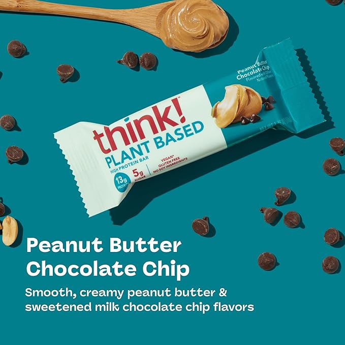 think! Vegan/Plant Based High Protein Bars - Peanut Butter Chocolate Chip 13g Protein 5g Sugar No Artificial Sweeteners Non GMO Project Verified 10 Count (Packaging May Vary)