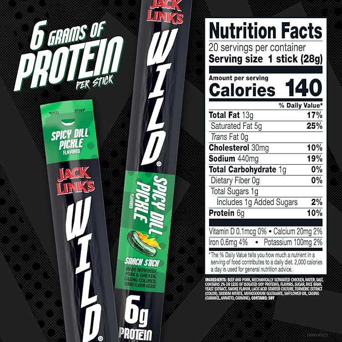 Jack Link's WILD Spicy Dill Pickle Meat Sticks - Ready to Eat Protein Snacks - 6g Protein per Serving - (20 Pack) 1 oz Meat Snacks