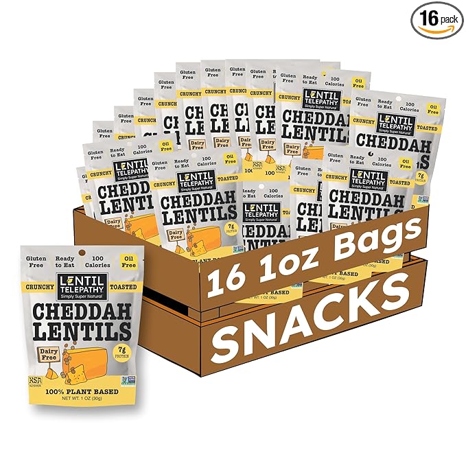 Lentil Telepathy Breakfast &amp Snack Variety Pack - Healthy Snacks for Adults and Kids Alternative Granola or Cereal Breakfast Low Calorie Dairy-Free Oil-Free - 1 Ounce Bags (Cheddah Pack of 16)