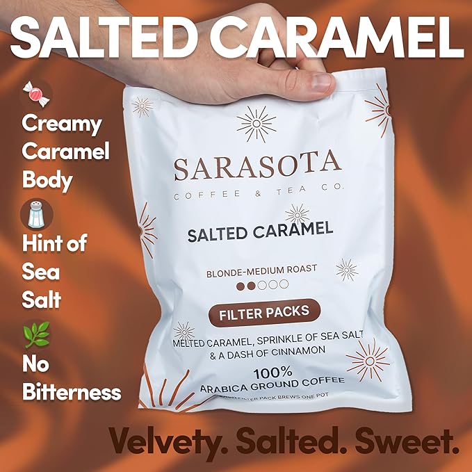 Ground Flavored Coffee In Filter Packs | Medium Roast Low Acid Mold Free Pouches | Sampler Packets | Salted Caramel Gourmet Powder Bags for 10-12 Cup Drip Maker | Highest Rated Individual Premeasured