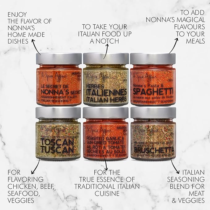 A Spice Affair's Nonna's Kitchen 6-Pack Spices Set - Italian Seasoning Spice Spaghetti Seasoning Mix Tuscan Spice Roasted Garlic &amp Sun-Dried Tomato Powder Bruschetta Seasoning Mix Grill Spice