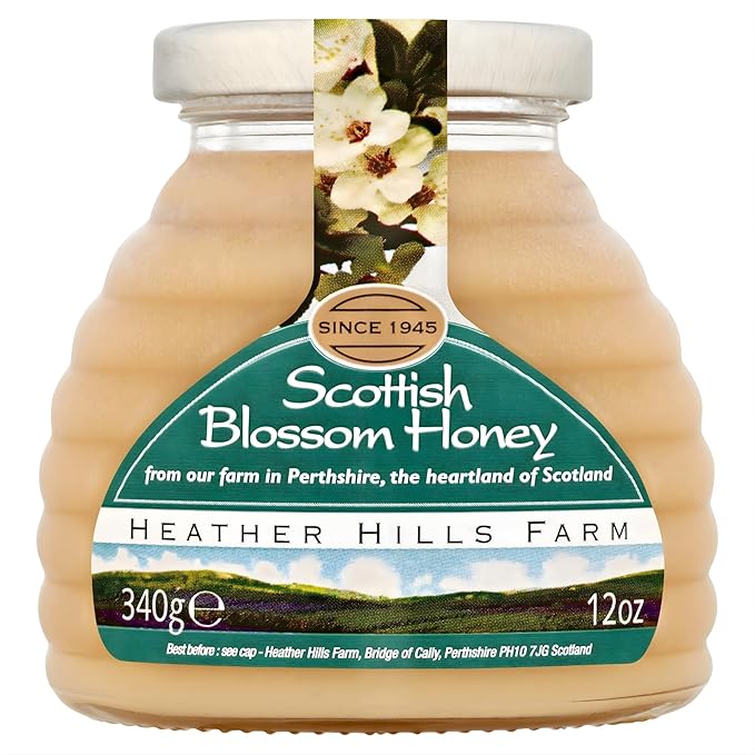 Heather Hills Farm Raw Scottish Blossom Honey Jar 340g (12oz) | 100% Pure Natural Unpasteurized &amp Unfiltered Artisan Honey from Scotland | Made in Highland Perthshire Authentic Scottish Food Gi