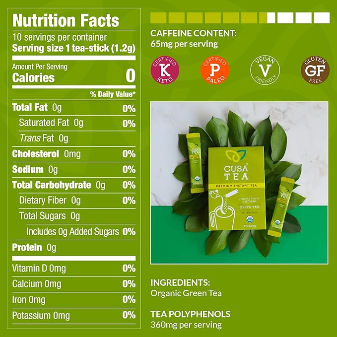 Cusa Tea &amp Coffee | Premium Instant Green Tea With Real Fruit &amp Spices | Organic Leaves Drink Mix Packets | Hot or Iced Tea (10 Single Servings)