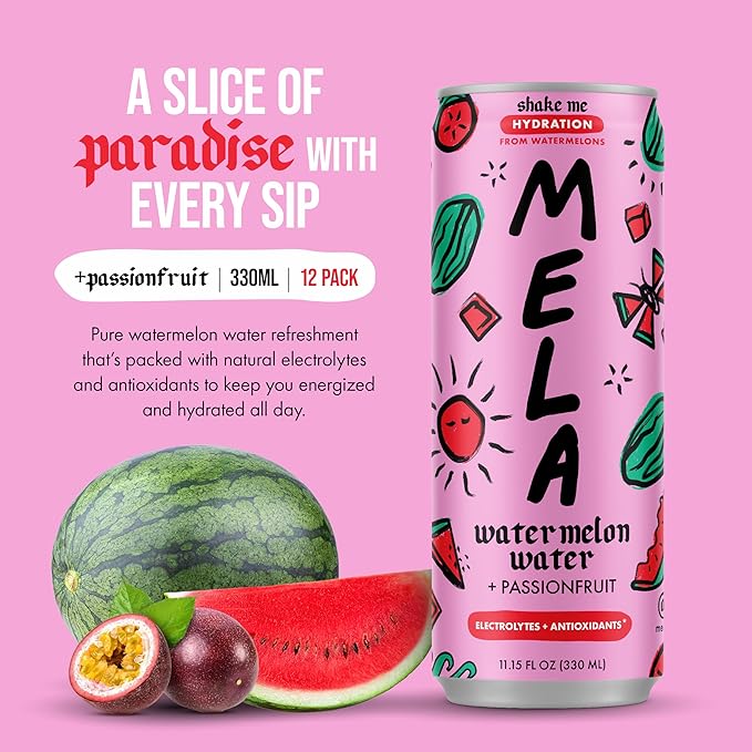 Mela Watermelon Water - Watermelon Juice 100 Percent Natural Fruit Juice with Vitamin C Electrolytes Antioxidants - Coconut Water Alternative Gluten-Free (Passionfruit 11.15 fl oz 12-pack)