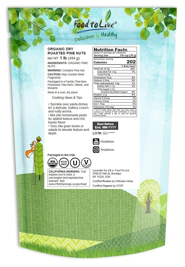 Food to Live Organic Dry Roasted Pine Nuts 1 Pound – Naturally Tasty and Crunchy Nutritious and Delicious Perfect for Cooking Baking and Snacking Non-GMO Vegan Kosher Bulk