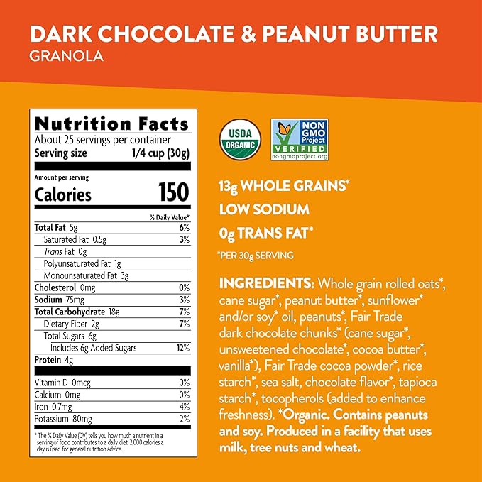 Love Crunch Organic Dark Chocolate &amp Peanut Butter Granola 26.4 oz (Pack of 6) Non-GMO Fair Trade by Nature's Path