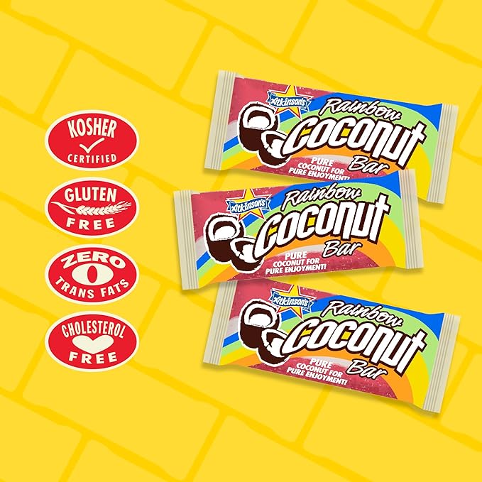 Atkinson's Rainbow Coconut Bar - Fresh Coconut and Tropical Flavored Treat - Gluten Free Kosher Vegan - 1.65 oz. Bar - 24 Count Pack