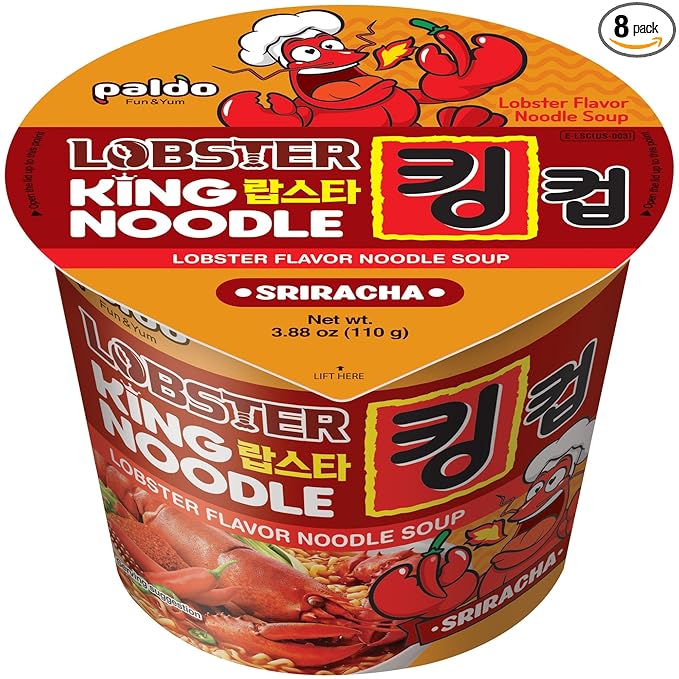 Paldo Fun &amp Yum Sriracha Lobster Instant King Cup Noodles with Soup Sriracha Lobster Seafood Flavor Based Broth Best Oriental Style Original Korean Ramyun 팔도 스리라차 랍스타맛 킹 컵 110g (3.88 oz) x 8 P