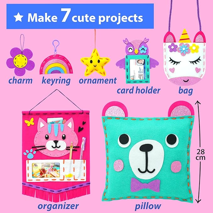 KRAFUN My First Sewing Kit for Beginner Kids Arts &amp Crafts 7 Easy DIY Projects of Stuffed Animal Dolls and Plush Pillow Craft Instructions &amp Felt Gift for Girls Boys Learn to Sew Embroid