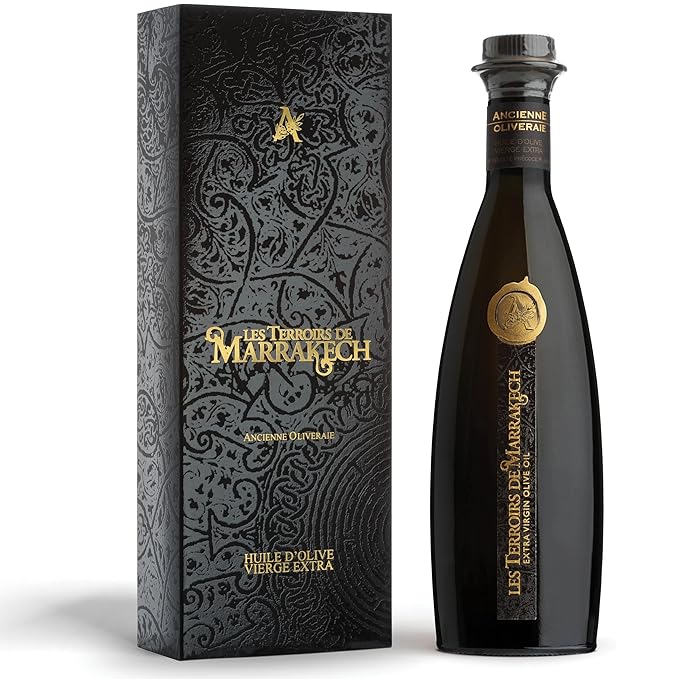 Olive Oil Gift Box of Les Terroirs De Marrakech Gourmet Extra Virgin Olive Oil Polyphenol Rich Moroccan Cold Pressed EVOO Oil Keto Organic USDA Certified Carbon Neutral 8.5 fl oz. Gift Bottle