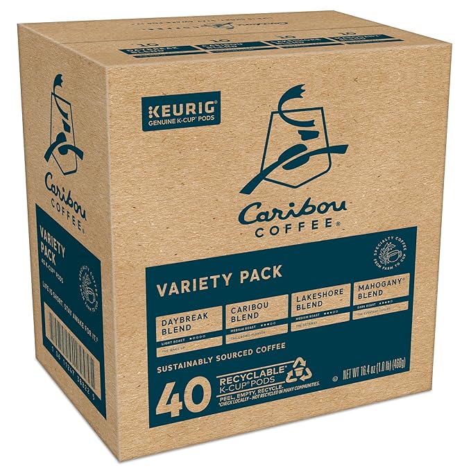 Caribou Coffee Single Serve Keurig K-Cup Pod Variety Pack Light Medium and Dark Roast Coffees 40-Count Box(Pack of 1)