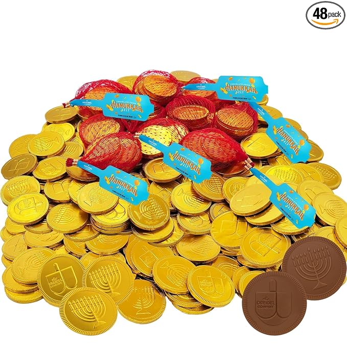 The Dreidel Company Hanukkah Chocolate Gelt 48-Pack Mesh Bags of Milk Chocolate Coins Kosher Certified Dairy Dreidel and Menorah Design Chanukah Coins