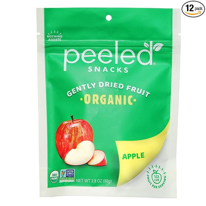 Peeled Snacks Organic Dried Fruit Apple 2.8 oz. Pack of 12 â€“ Healthy Vegan Snacks for On-the-Go Lunch and More