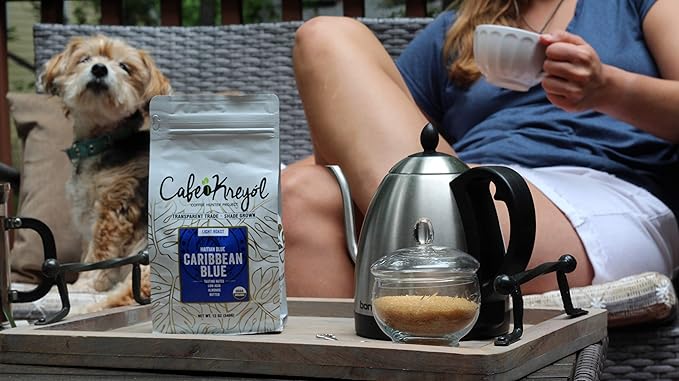 Cafe Kreyol Organic Caribbean Blue | 3 Pack 12 oz - Haitian Blue Light Roast Coffee - Whole Bean Coffee High Caffeine - Smooth Low Acid with Notes of Almond and Walnut