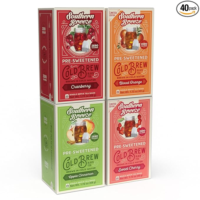 Southern Breeze Cold Brew Sweet Tea Variety Pack Iced Tea with Black Tea and Zero Carbs Zero Sugar 20 Individually Wrapped Tea Bags Pack of 4 Sweet Cherry Blood Orange Cranberry &amp Apple Cinna