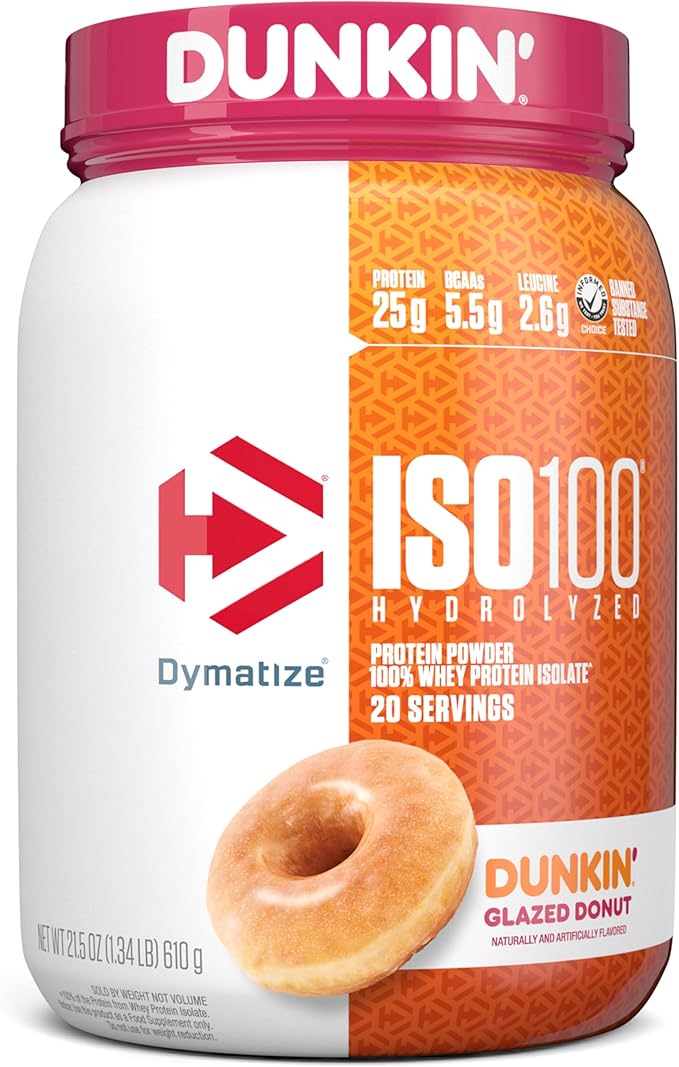 Dymatize ISO100 Hydrolyzed Protein Powder 100% Whey Isolate 25g of Protein 5.5g BCAAs &amp ISO100 Hydrolyzed Protein Powder 100% Whey Isolate Dunkin' Glazed Donut Flavor