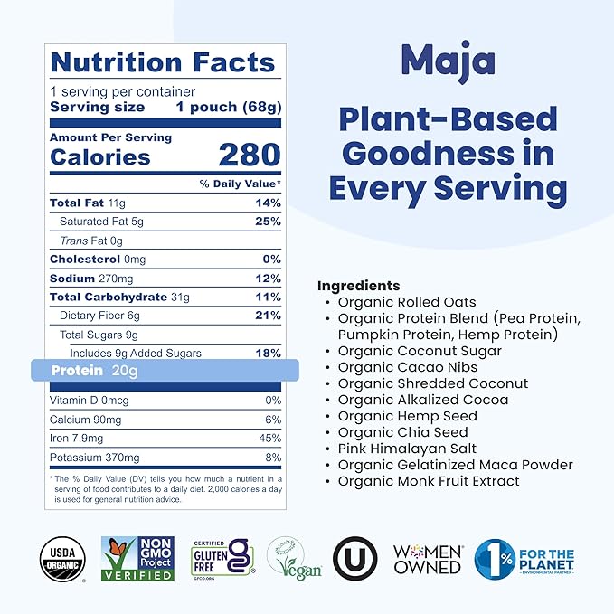 Maja Organic Plant-Based Protein Cacao &amp Coconut Overnight Oats 13 oz Multi-Serve (2-Pack) | 20g Protein Vegan Gluten-Free Instant Oatmeal | Quick &amp Filling Breakfast with Clean Ingredients