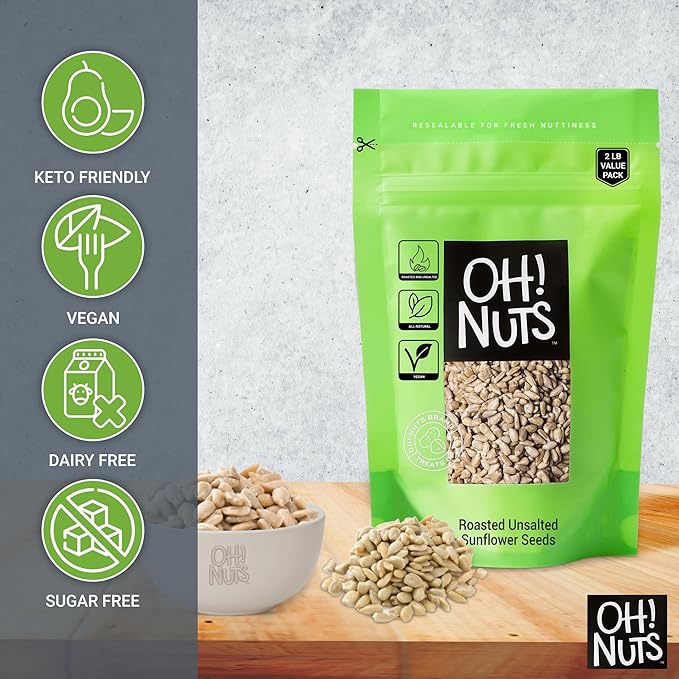 Oh! Nuts Sunflower Seeds No Shell - Roasted Unsalted - 2 lb - Healthy Energy Booster Snack - Packed in New York Zip-Seal Bag for Exceptional Freshness