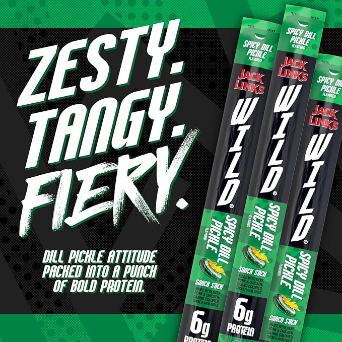Jack Link's WILD Spicy Dill Pickle Meat Sticks - Ready to Eat Protein Snacks - 6g Protein per Serving - (20 Pack) 1 oz Meat Snacks
