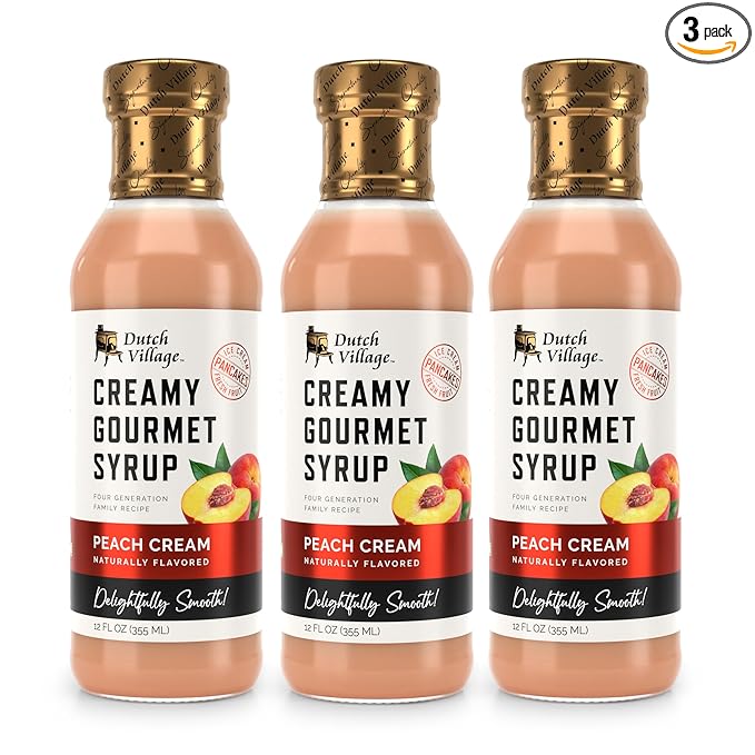 Creamy Gourmet Breakfast &amp Dessert Syrup | Organic Ingredients - Clean Label | No Preservatives Artificial Flavors or Corn Syrup | Gluten-Free | Dutch Village Peach Cream 12 fl oz - 3 PK