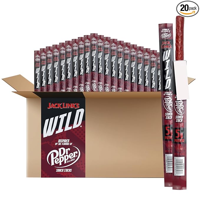 Jack Link's WILD Snack Sticks Dr Pepper Inspired Flavors - Protein Snack Sticks with 5g of Protein per Serving Keto Friendly Individually Wrapped - 1.0 oz (Pack of 20)