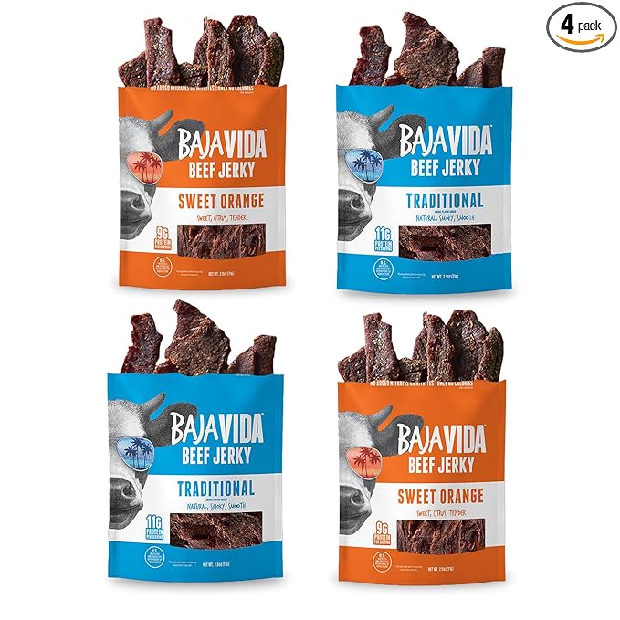 BAJA BEEF Jerky Snack Packs - Beef Jerky Variety Pack Beef Jerky Gifts for Men Beef Jerky Sampler High Protein Craft Jerky Assortment Gluten Free - Traditional &amp Sweet Orange 2.5 Oz Bags (4 P