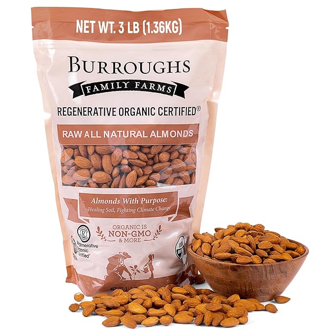 Burroughs Family Farms 3 lb USDA Organic Raw Almonds – First Regenerative Organic Certified Farm – Gluten-Free Non-GMO Vegan Paleo &amp Keto-Friendly Almond Nuts – High in Protein &amp Nutrients