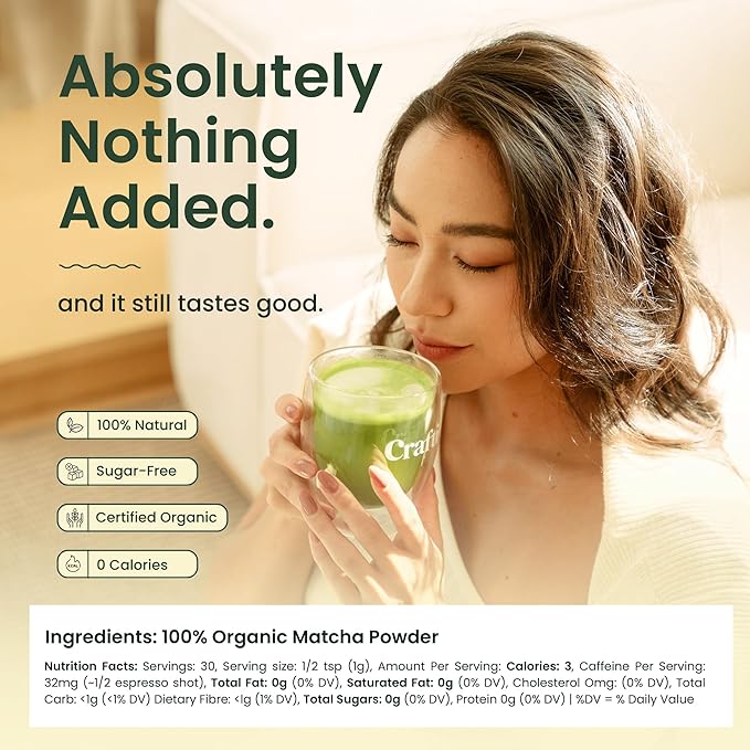 Crafti Ceremonial Grade Matcha Powder (Organic) - Unsweetened Authentic Japanese Daily Matcha Green Tea Powder from Uji Kyoto for Barista-Grade Lattes (30g / 1.06oz)