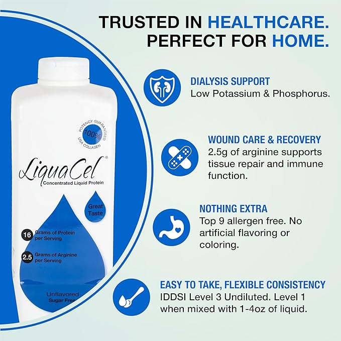 LiquaCel Concentrated Liquid Protein Unflavored Ready-to-Drink 16g Hydrolyzed Collagen Protein and 2.5g Arginine Per 1oz Serving Sugar &amp Gluten Free 32 fl oz Bottle Case of 6