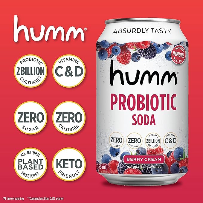 Humm Sparkling Probiotic Berry Cream Soda Zero Sugar Zero Calorie 2 Billion Probiotics Vitamin C D and B12 12 fl oz (12 Pack)