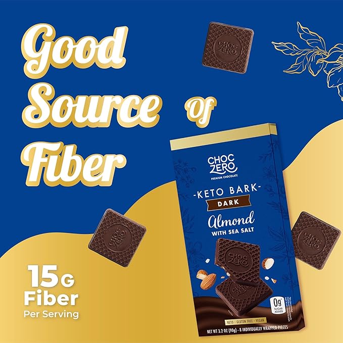 ChocZero Dark Chocolate Almond Bark with Sea Salt Sugar Free Vegan Low Carb High Fiber Keto Friendly No Sugar Alcohols (4 Count 3.2oz Boxes)