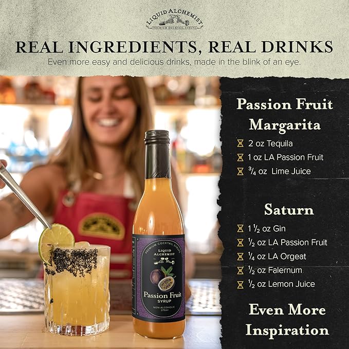 Liquid Alchemist Passion Fruit Syrup for Cocktails - Real Ingredients Make our Passion Fruit Puree for Cocktails the Perfect Margarita Mix - Non-GMO &amp Vegan (25.4 oz)