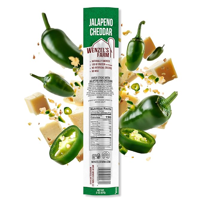 Wenzel’s Farm Jalapeno Cheddar Sticks │Snack Sticks │ Flavorful Naturally Smoked │ High Protein Low Carb │ No MSG Fillers Binders Artificial Colors │ Gluten Free | 32 sticks (16 packs of 2)