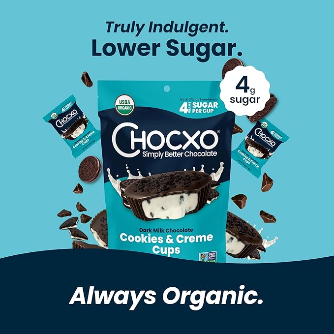 Chocxo Dark Milk Chocolate Cookies &amp Crème Cups - Lower Sugar 69% Organic Cacao NonGMO Keto Gluten Free Kosher No Artificial Sweeteners/Sugar Alcohols 3.45 oz (Pack of 6)