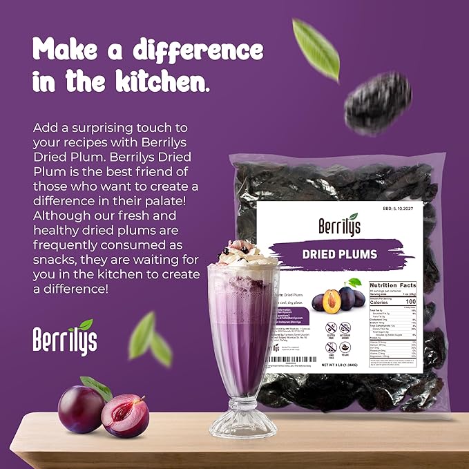 Berrilys Premium Dried Plums 3 lb (48 oz) – Naturally Sweet &amp Juicy Pitted Prunes No Added Sugar Non-GMO Gluten-Free Rich in Fiber &amp Antioxidants – Perfect Healthy Snack &amp Baking Ingre