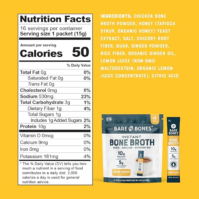 Bare Bones Lemon Ginger Bone Broth Instant Powdered Mix Packets | 5g Collagen | 10g Protein | Keto &amp Paleo Friendly | No Artificial Flavors | Rich Savory on-the-go 16 Pack