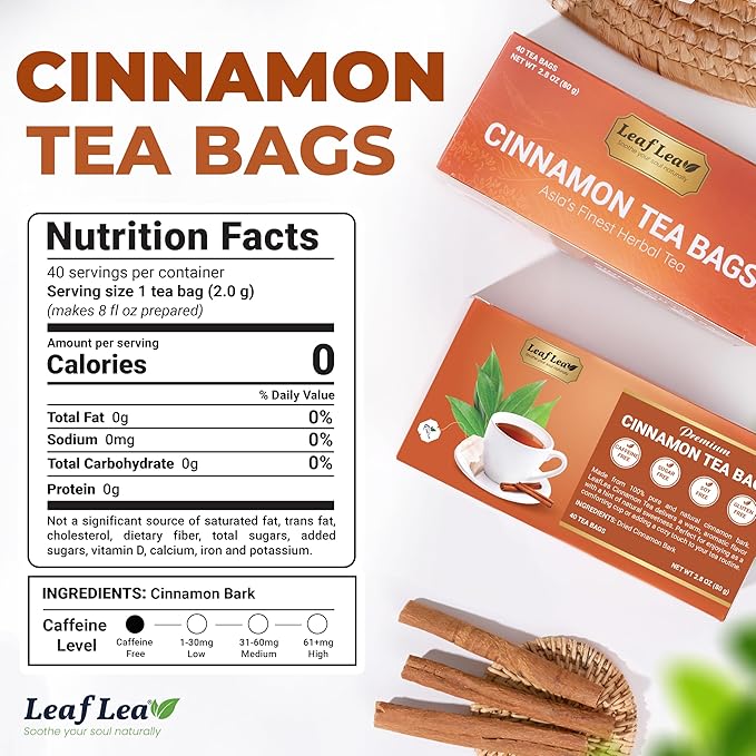 LeafLea Cinnamon Tea Bags 80 Count (2-Pack) 100% Natural Ground Cinnamon Stick Herbal Tea Spiced and Warming Flavor for Relaxation Caffeine-Free Sugar-Free Vegan