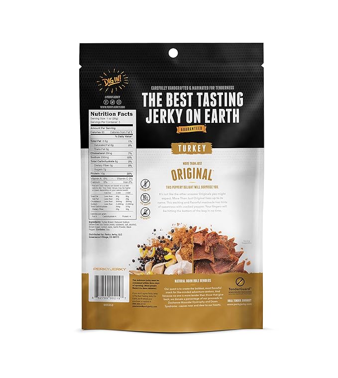 Perky Jerky Original Turkey Jerky 5 oz Bags (Pack of 6) - Low Sodium - 10g Protein per Serving - Low Fat - 100% U.S. Sourced - Tender Texture and Bold Flavor