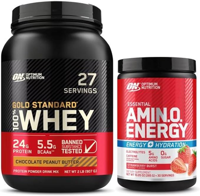 Optimum Nutrition Recovery &amp Hydration Duo: 100% Whey Protein Powder Chocolate Peanut Butter (27 Servings) and Amino Energy Plus Hydration Strawberry Burst (30 Servings)
