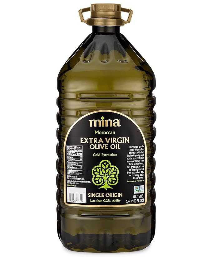Mina Moroccan Olive Oil Extra Virgin 169 Fl Oz New Harvest Polyphenol Rich Olive Oil Single Origin Extra Virgin Olive Oil Cold Extraction Less than 0.2% Acidity 5 L
